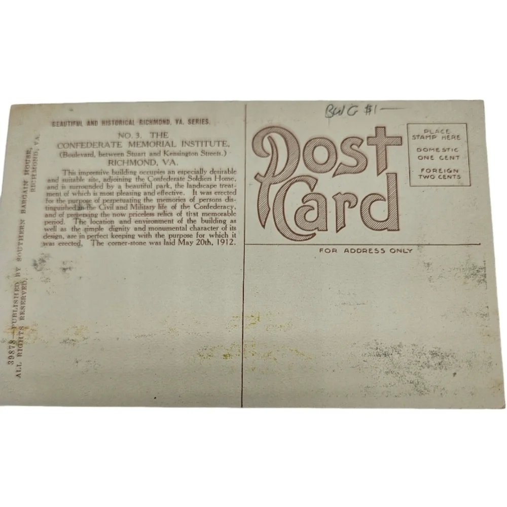 📬 Vintage Unused Postcard The Confederate Memorial Institute VA USÀ
